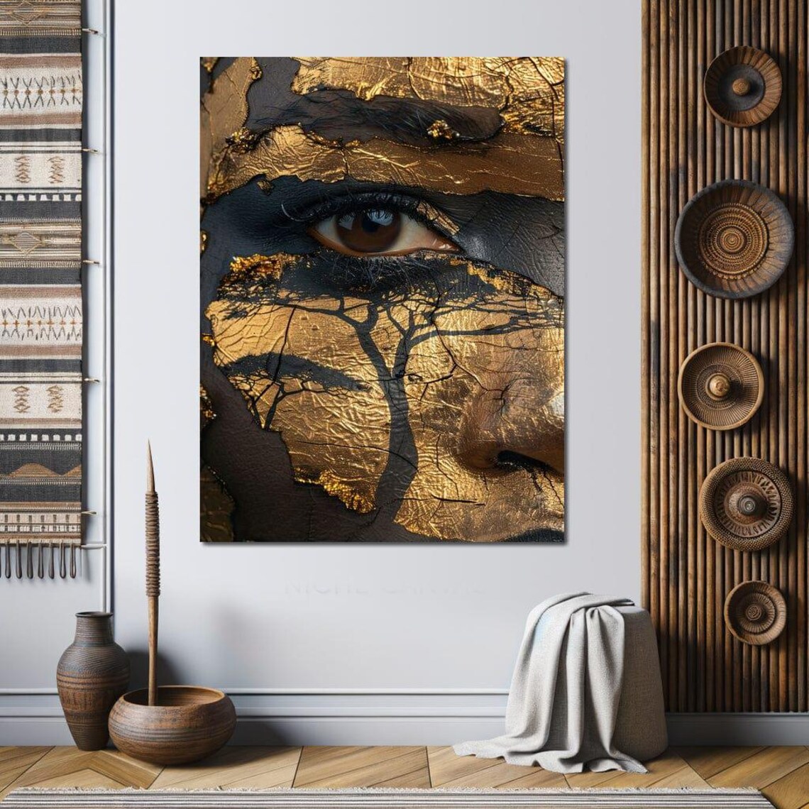 Golden Eye Savanna Tree Black Gold Mystical Portrait Wall Art - Image 4