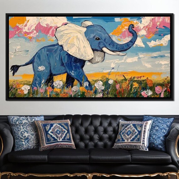Baby Blue Elephant Flower Meadow Pink Sky Impasto Painting Wall Art Poster