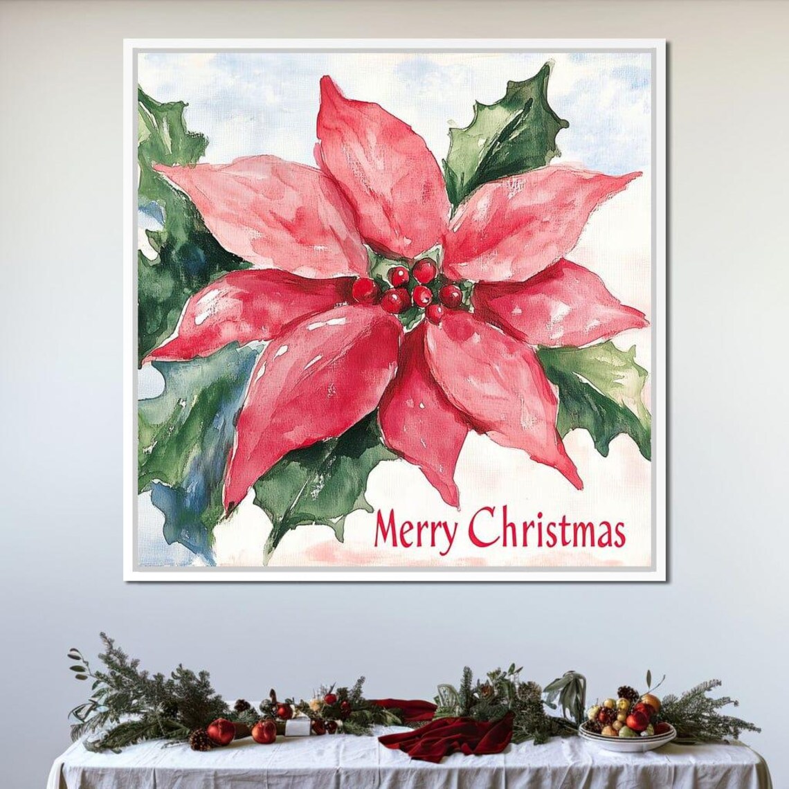 Red Poinsettia Watercolor Merry Christmas Floral Holiday Art Poster - Image 2