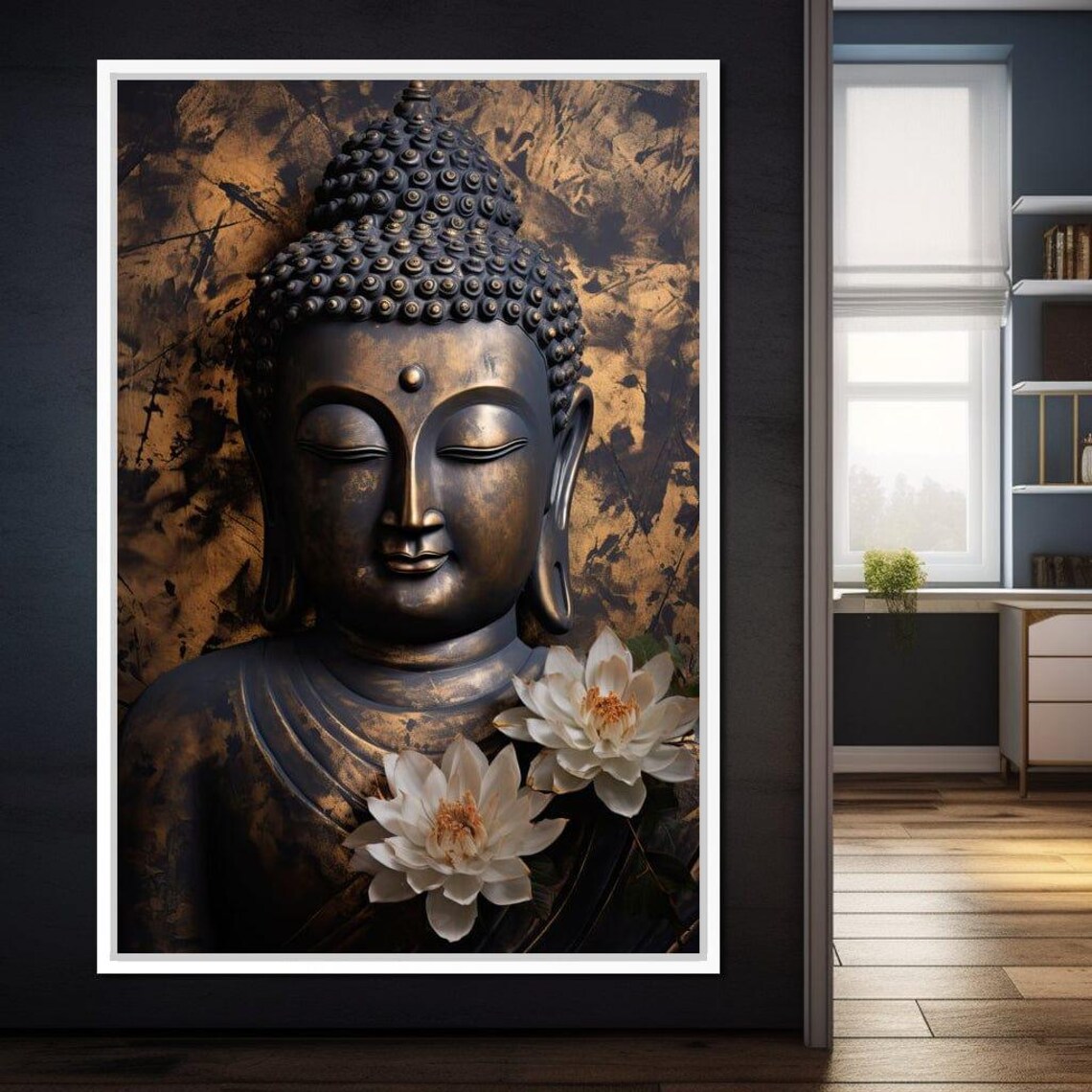 Bronze Buddha Head With White Lotus Flowers Zen Wall Art Poster - Image 3
