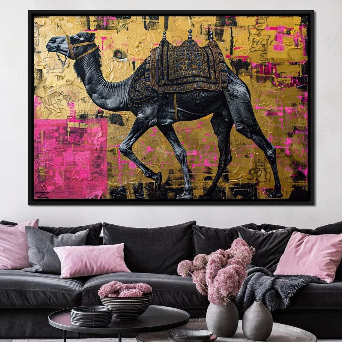 Regal Camel Gold Pink Graffiti Background Ornate Saddle Wall Art Print