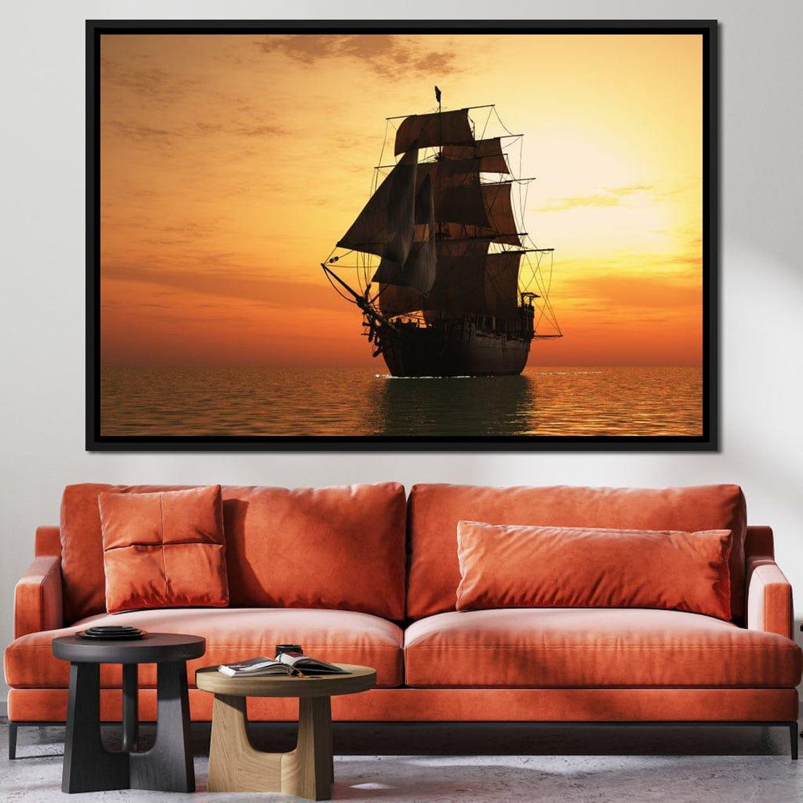 Tall Sailing Ship Silhouette Sailing at Orange Sunset Calm Sea Poster