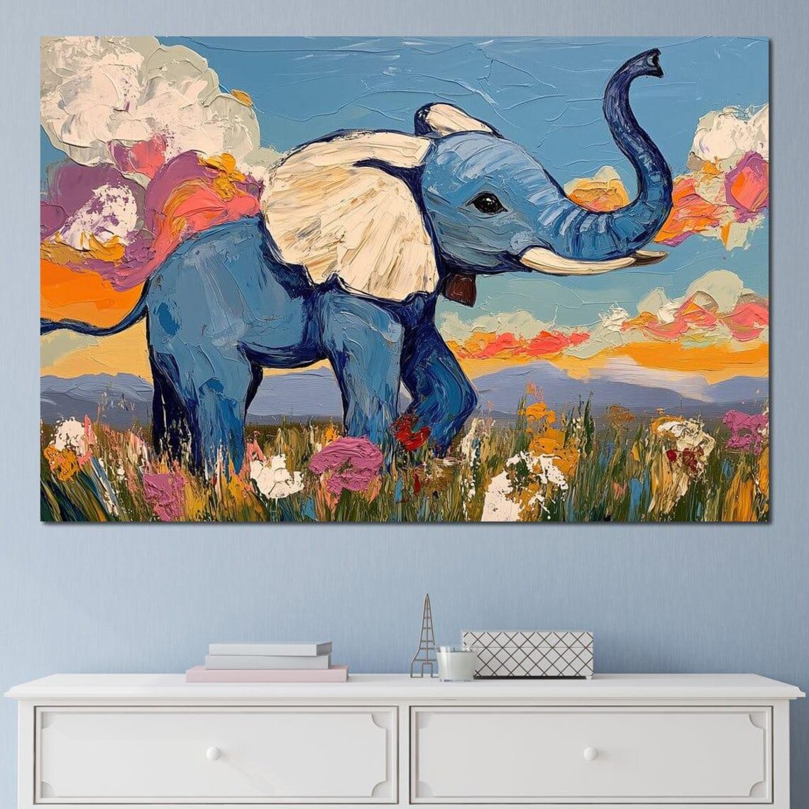Baby Elephant Wildflower Field Sunset Trunk Raised Impasto Art Poster - Image 2
