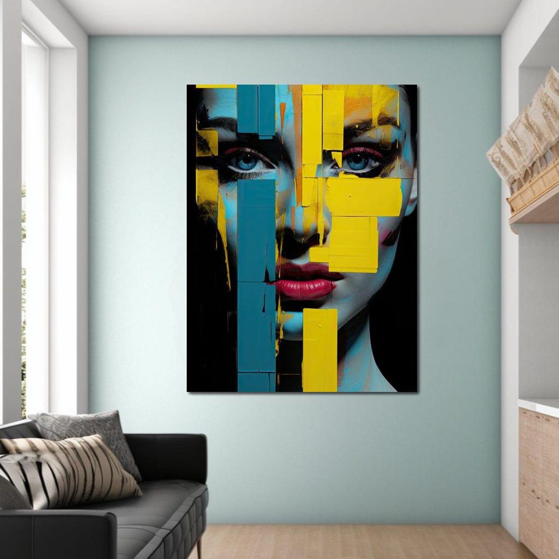 Fragmented Identity Yellow Teal Cubist Face Contemporary Art Print - Image 4