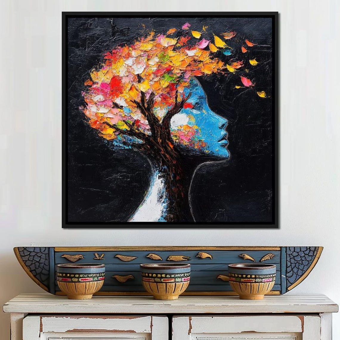 Blue Woman Profile Merging With Colorful Blooming Tree Impasto Poster - Image 4