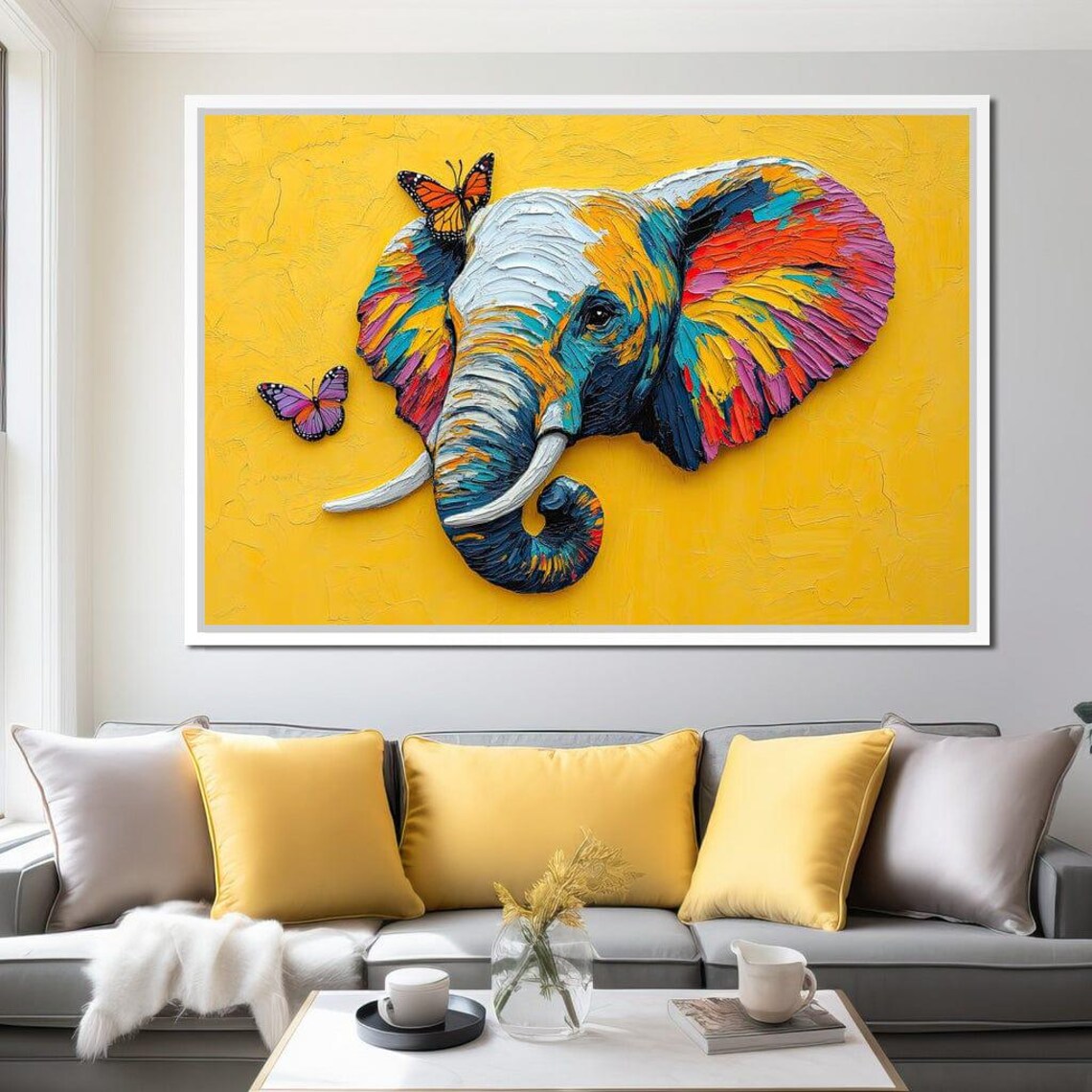 Colorful Elephant Butterflies Yellow Impasto Joyful Playful Art Poster