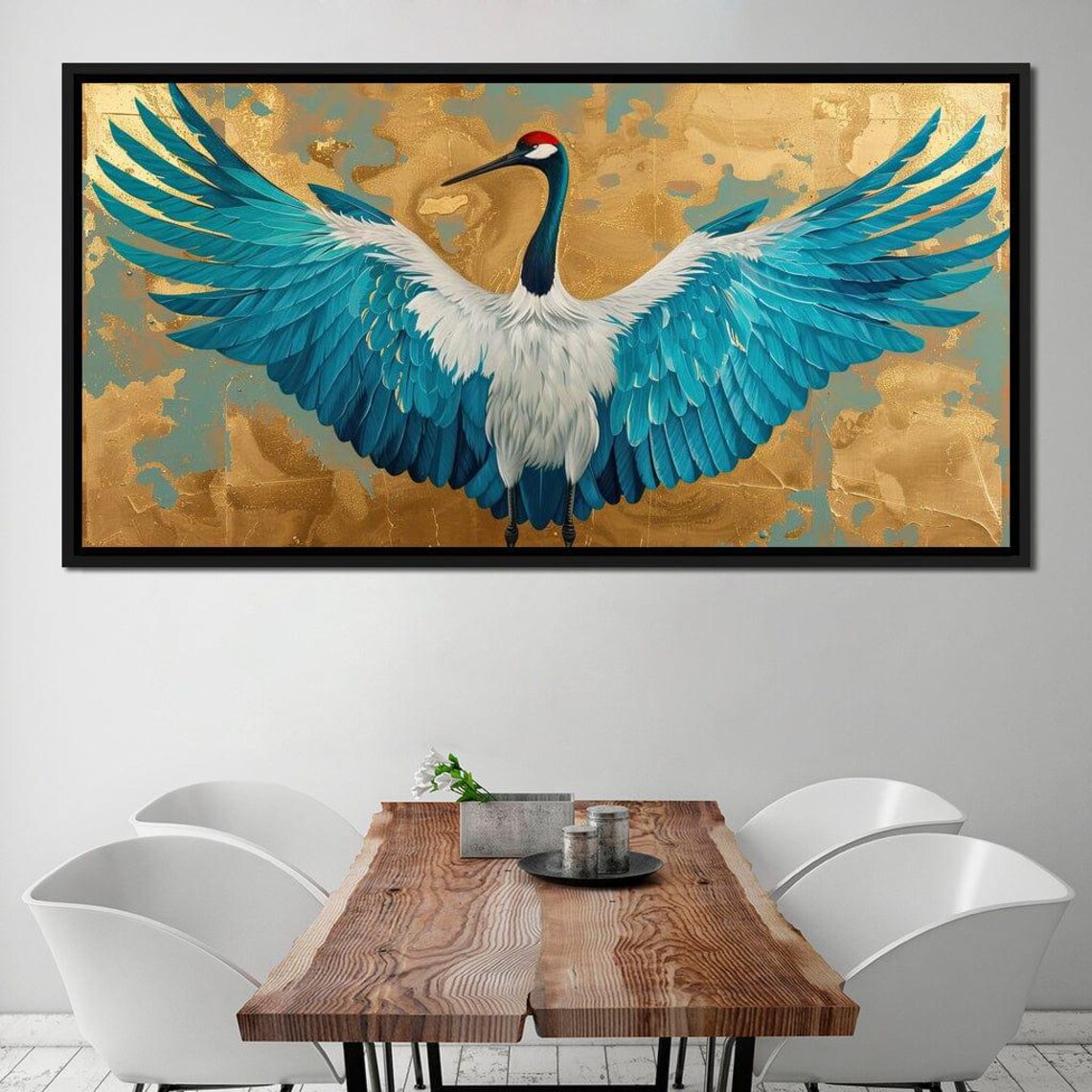 Majestic Crane Turquoise Wings Golden Background Bird Art Poster - Image 2