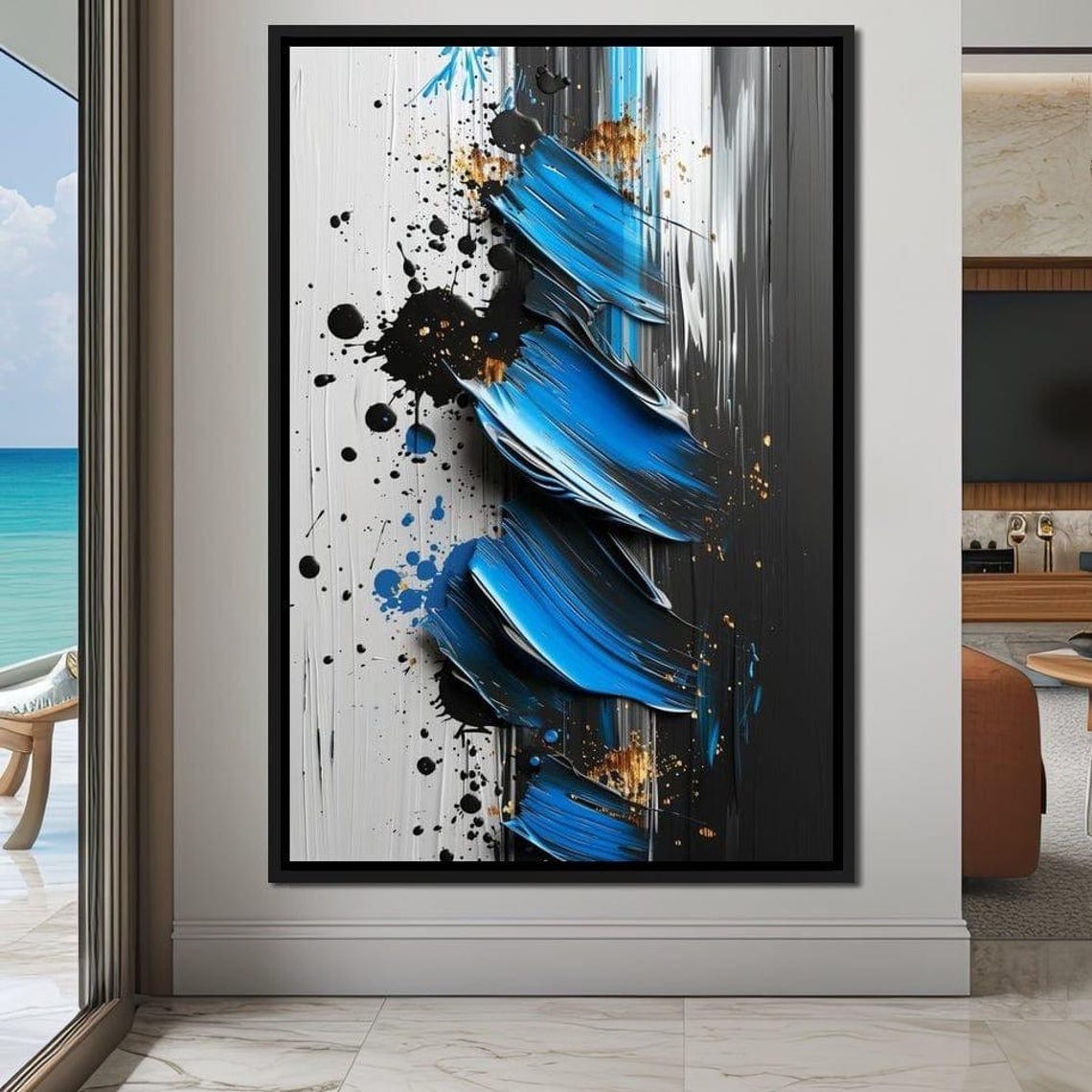 Blue Black White Abstract Art Bold 3D Brushstroke Splatter Wall Poster