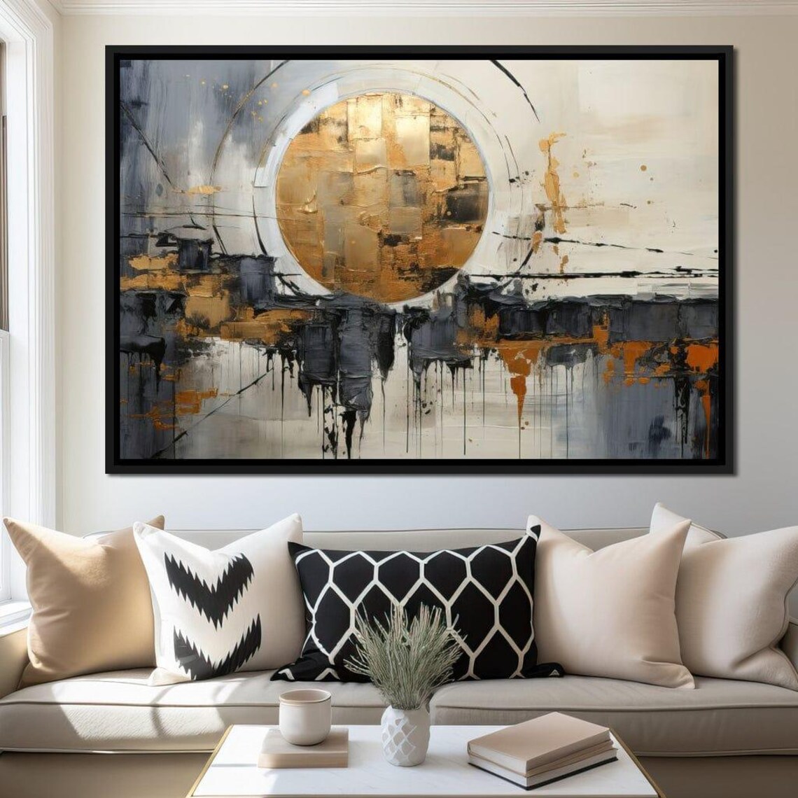 Golden Sun Circle Grey Black Impasto Abstract Modern Living Room Wall Art Poster