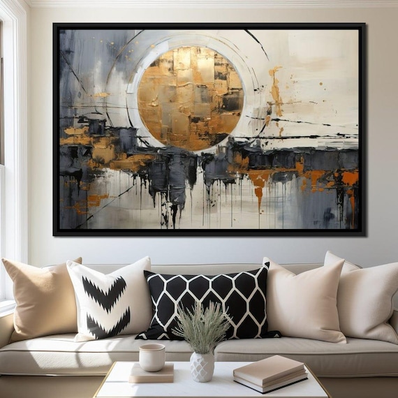 Golden Sun Circle Grey Black Impasto Abstract Modern Living Room Wall Art Poster
