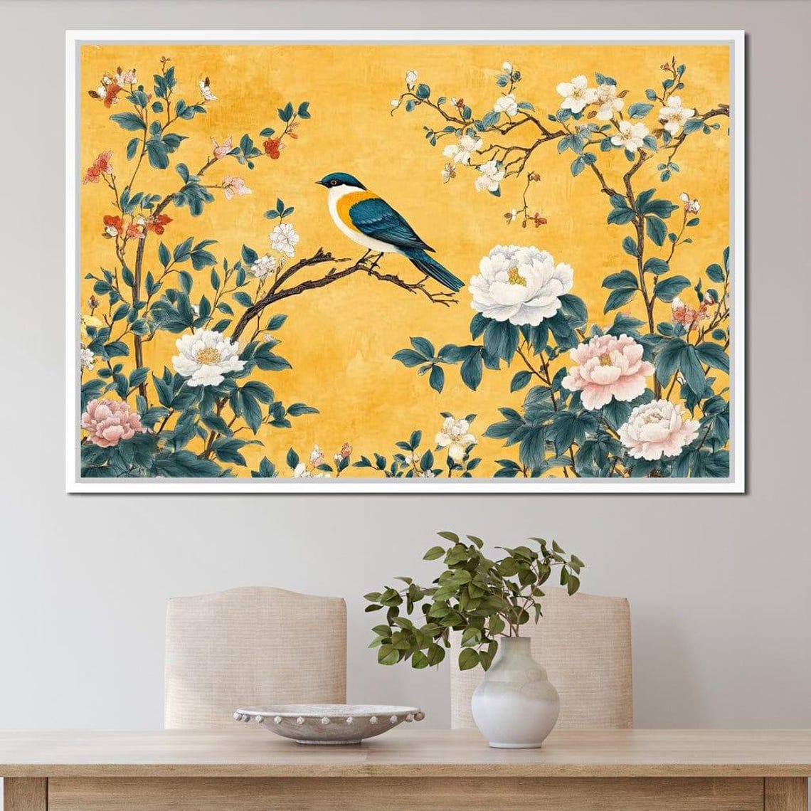 Blue Songbird Perched On Blossoming Peony Branches Gold Backdrop Print - Image 3