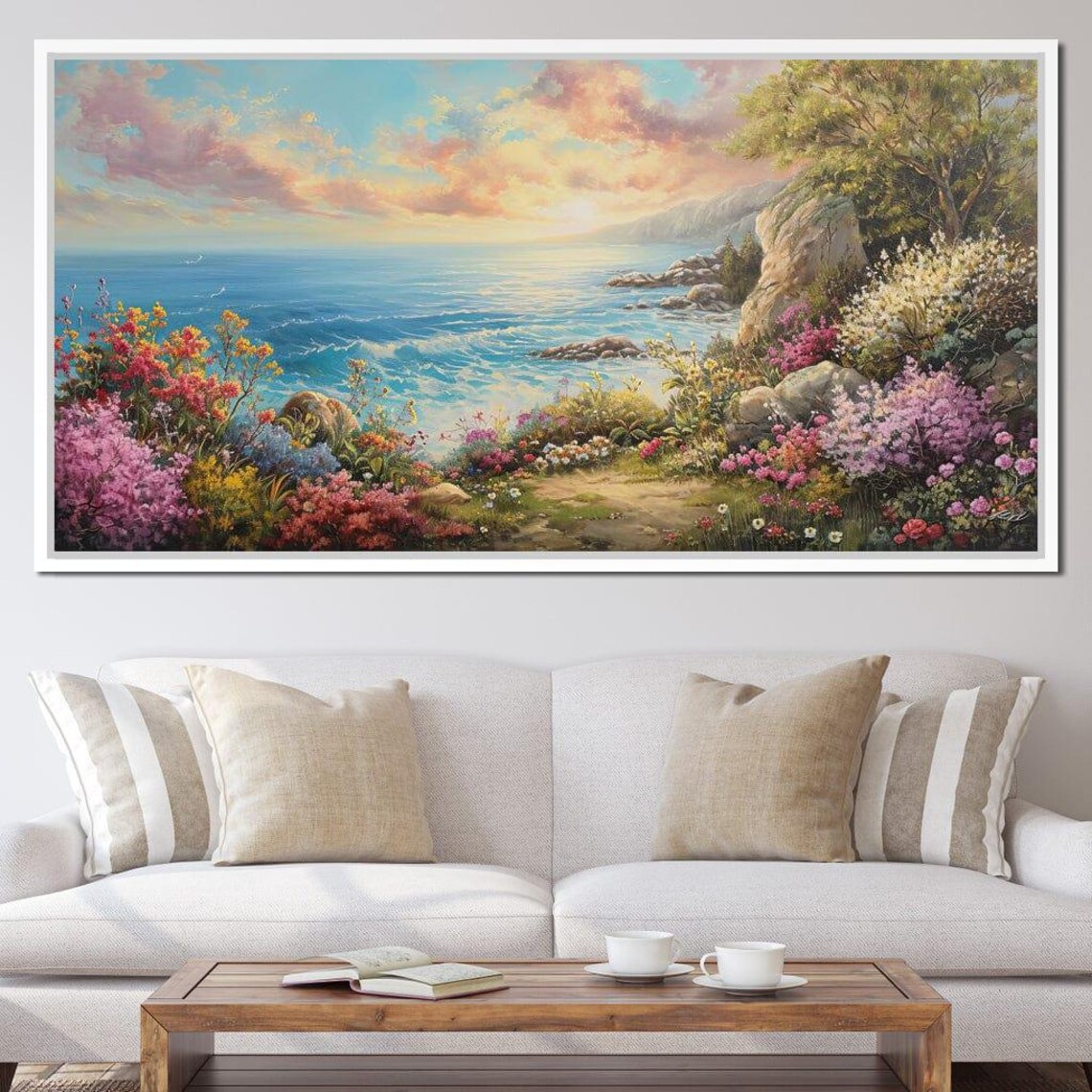 Coastal Cliff Garden Flowers Turquoise Sea Sunset Travel Poster - Image 3