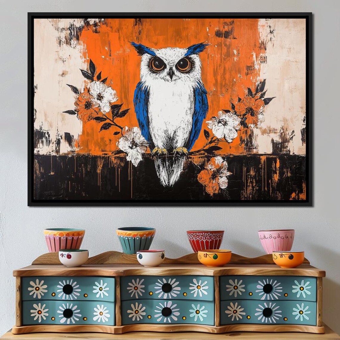 White Owl With Blue Wings Orange Blossom Floral Art Wildlife Poster - Image 4