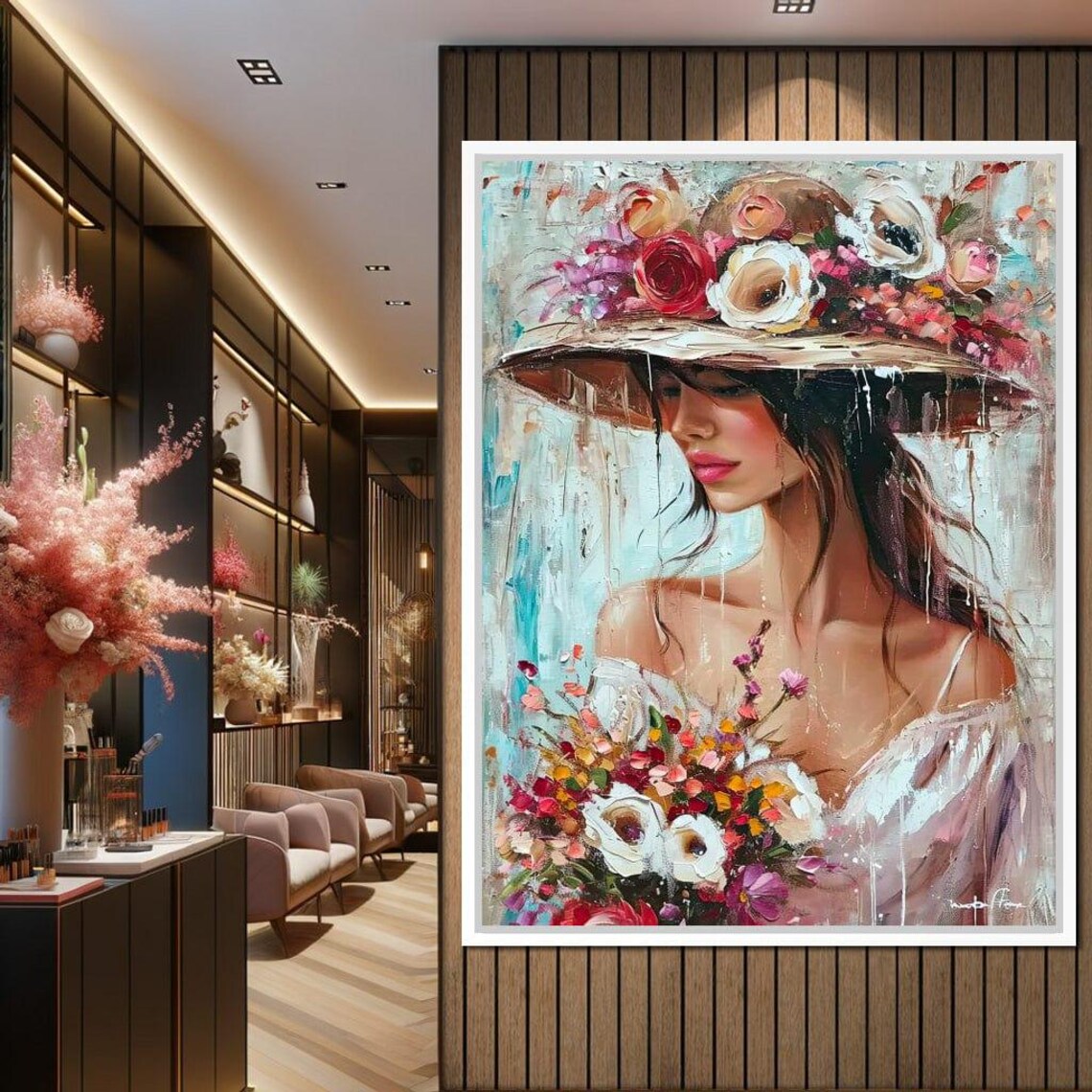 Woman Floral Straw Hat Roses Bouquet Impressionist Oil Painting Print - Image 3