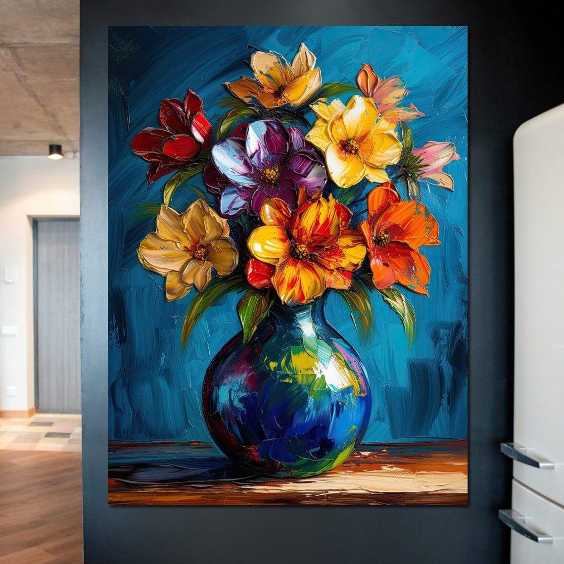 Vibrant Bouquet Red Purple Yellow Flowers Blue Vase Art Wall Poster - Image 3