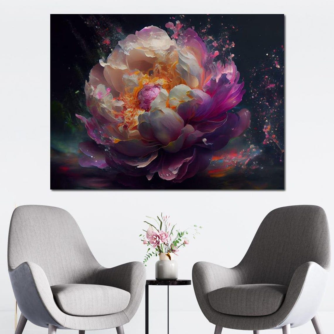 Dramatic Purple Peony Bloom On Dark Moody Background Floral Print - Image 2