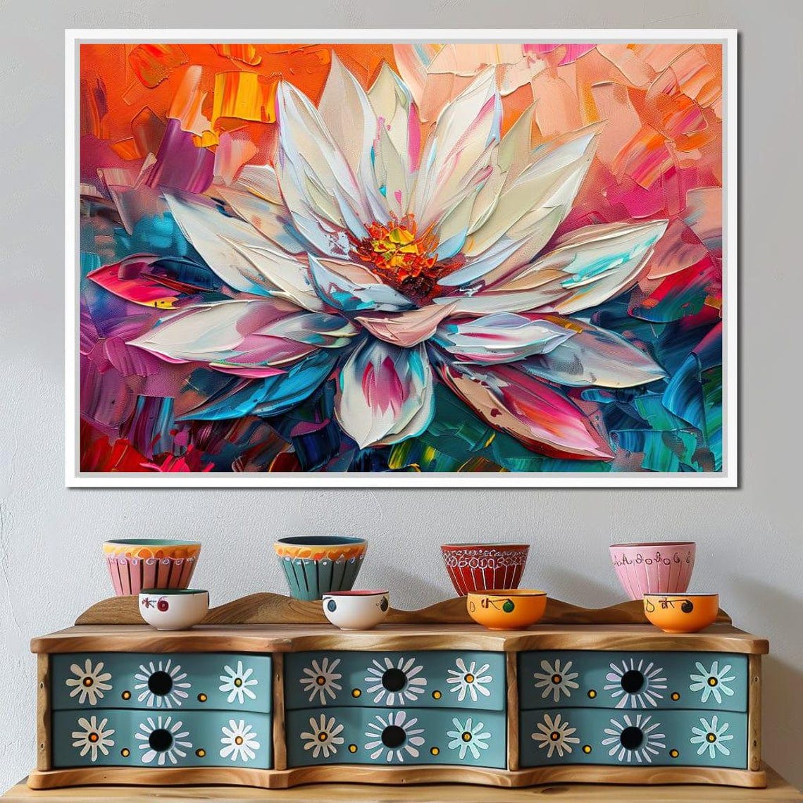 White Bloom Rainbow Impasto Macro Flower Painting Art Poster