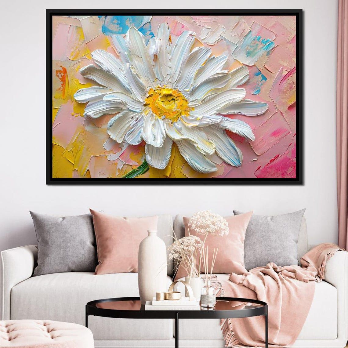 White Daisy Bloom Impasto Palette Knife Spring Floral Wall Art Poster - Image 2
