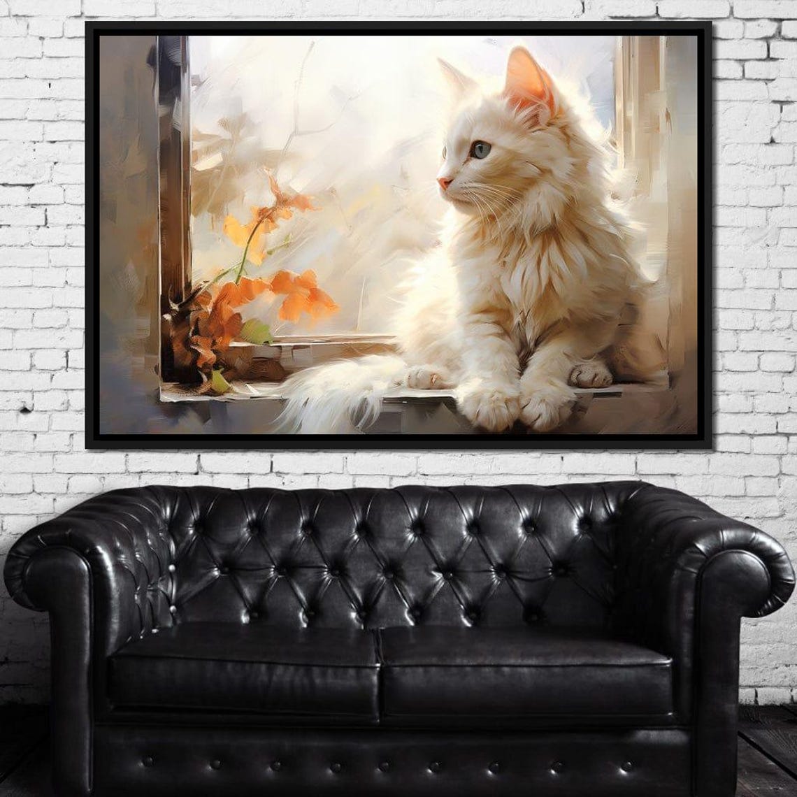 White Fluffy Cat Gazing Out Autumn Windowsill Cozy Art Print - Image 3