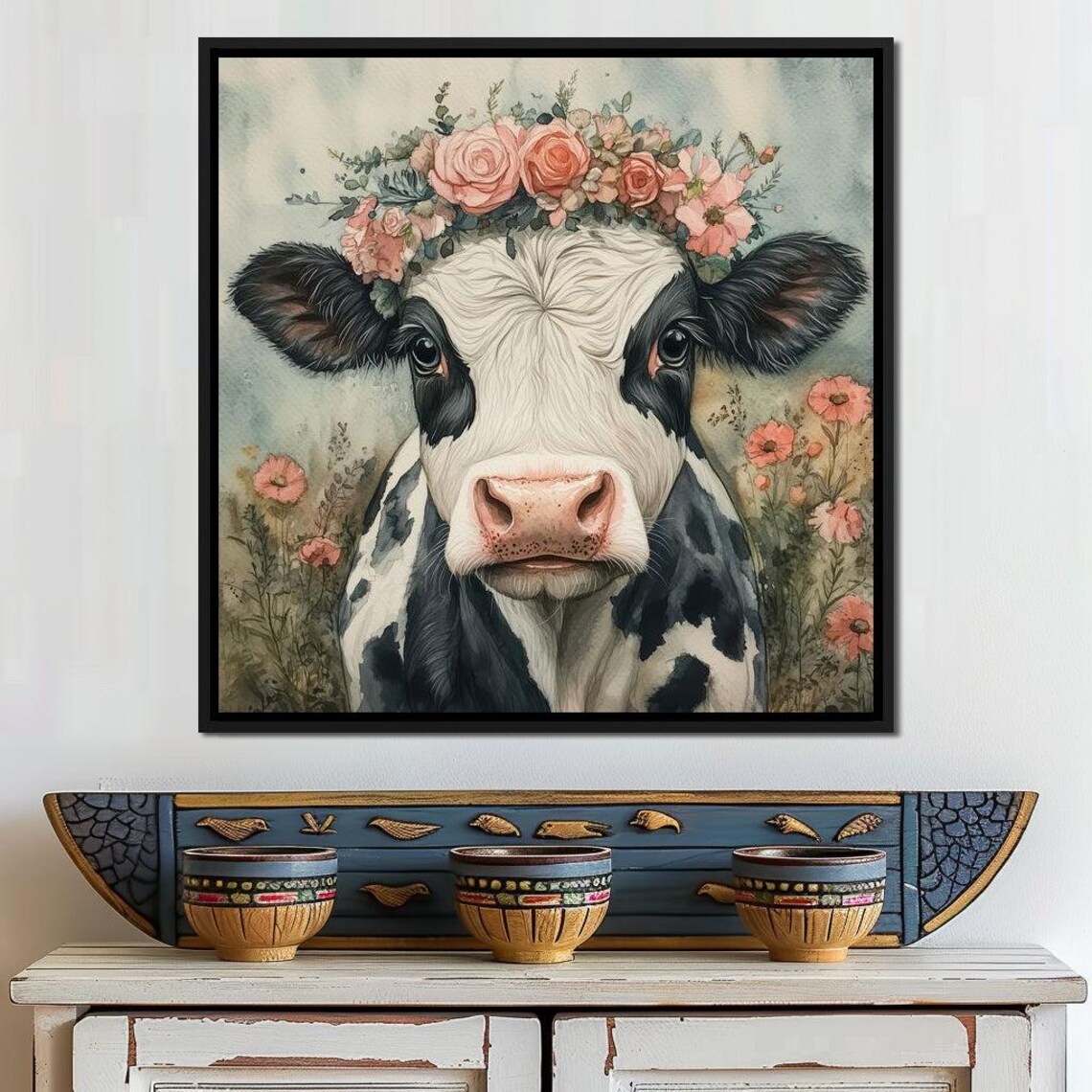 Cow Flower Crown Pink Roses Cute Black White Cow Watercolor Wall Print - Image 4