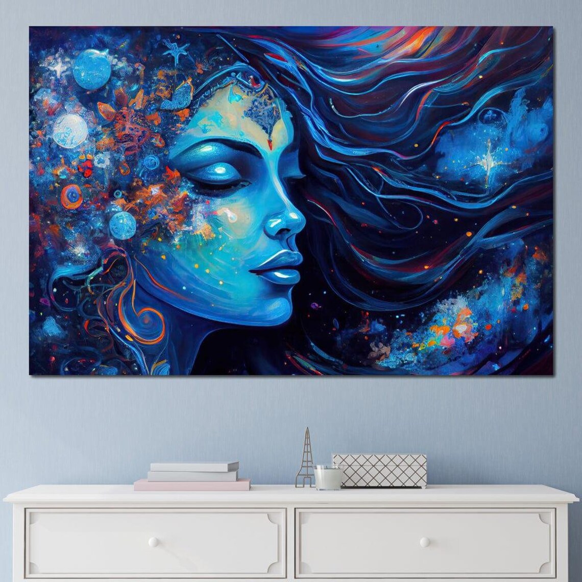 Blue Cosmic Goddess Portrait Night Sky Swirling Galaxy Wall Art - Image 4