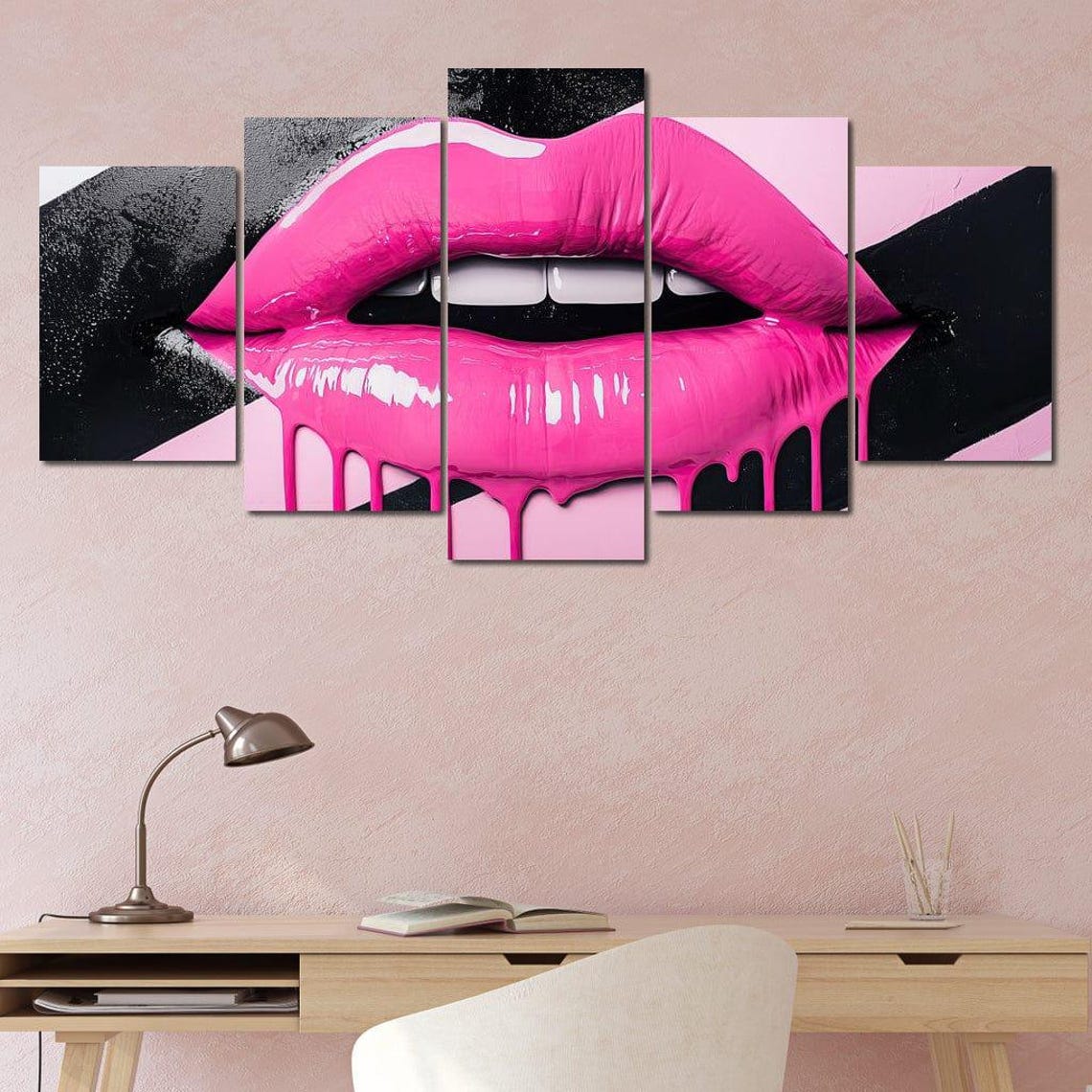 Neon Pink Dripping Lips Multi Panel Bold Urban Pop Glam Wall Art