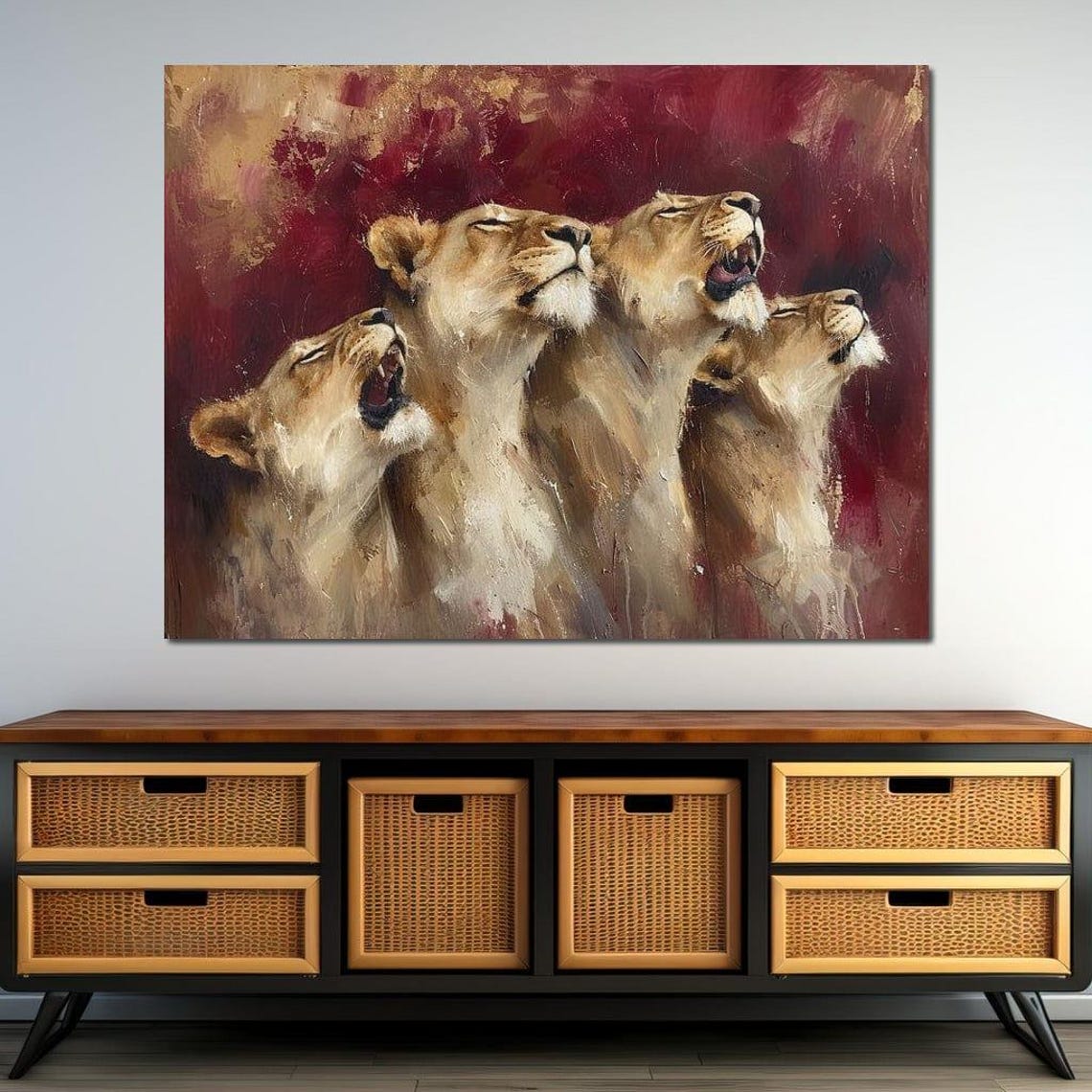 Roaring Lionesses Pride Crimson Dusk Dramatic Wildlife Wall Art Poster - Image 3