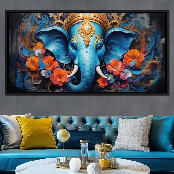 Ganesha Blue Elephant Head Gold Crown Orange Floral Spiritual Art Poster