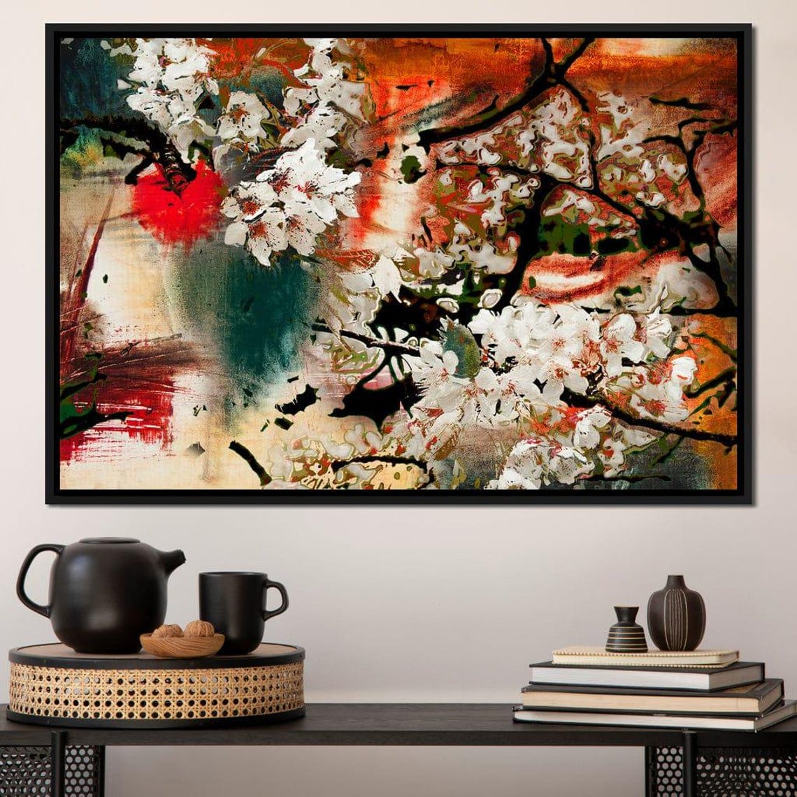 Red Orange Autumn Blossom Multi Panel Abstract Floral Canvas Wall Art - Image 2