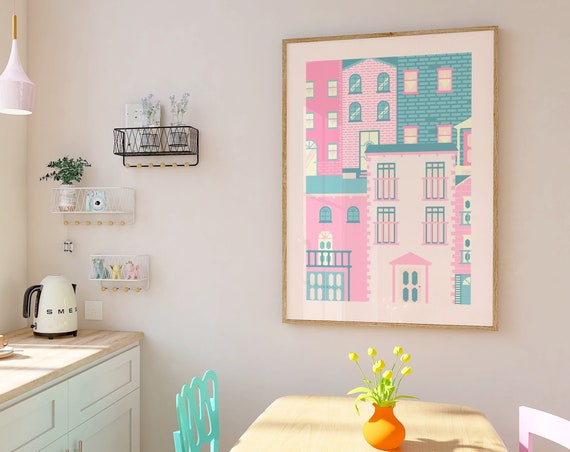 Fun Apartment Decor Pastel Buildings Wall Art Cute Living Room Wall Decor Trendy Preppy Prints Girly Aesthetic Dorm Decor
