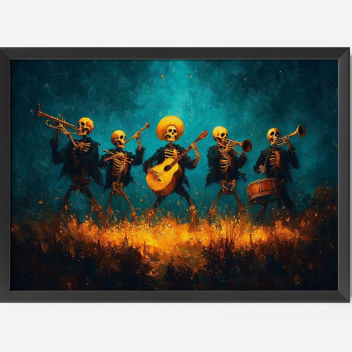 Skeleton Mariachi Band Print Halloween Skull Musician Art