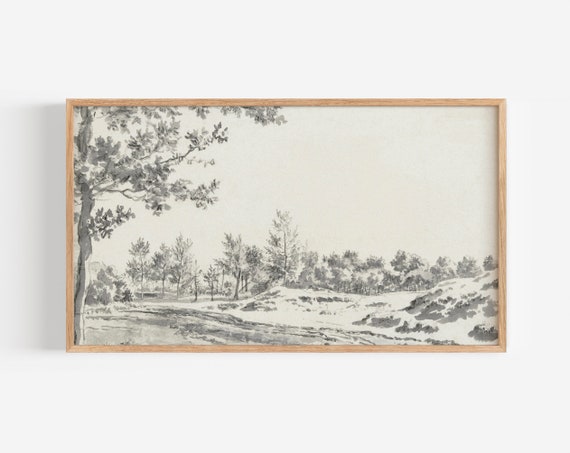 Frame Tv Art Vintage Neutral Landscape Drawing Ink Drawing Watercolor Tv Art