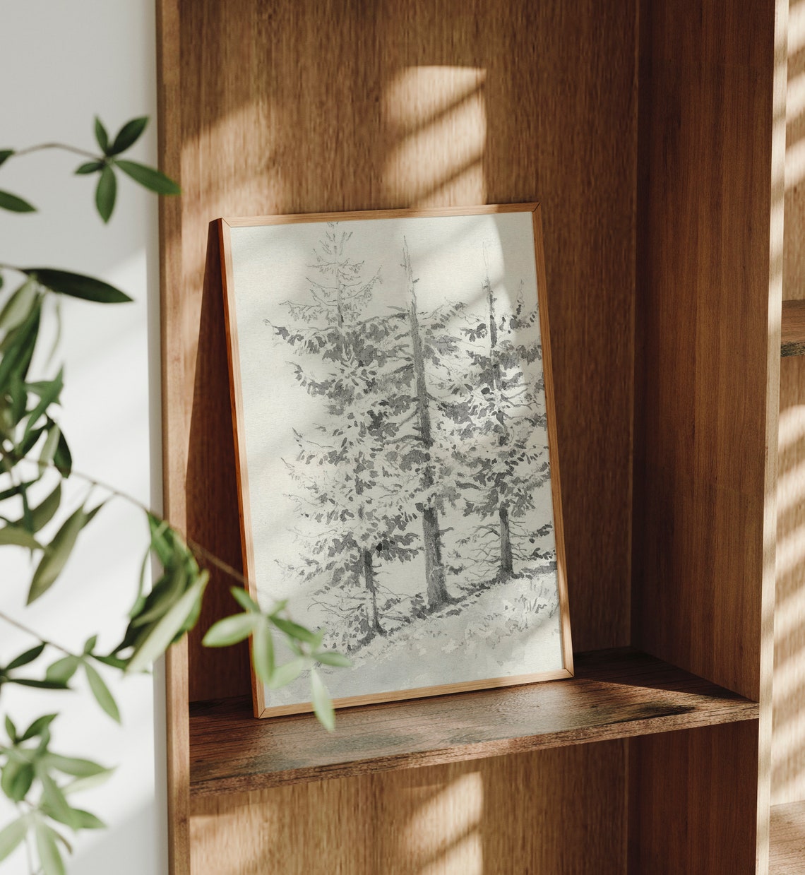 Vintage Winter Pine Tree Ink Sketch Black White Neutral Wall Art - Image 3