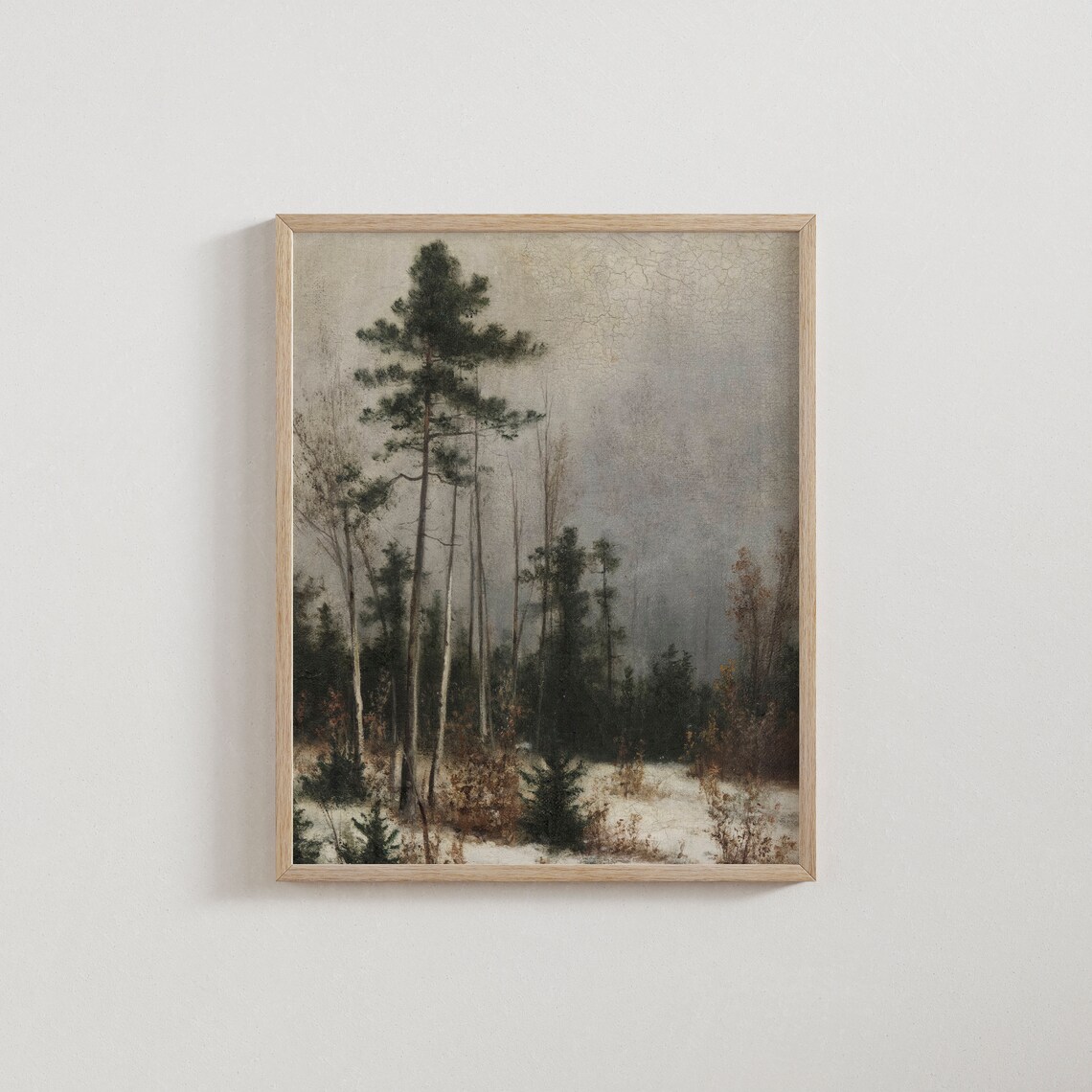 Vintage Winter Forest Oil Painting Tall Pines Snow Scene Wall Art - Image 3