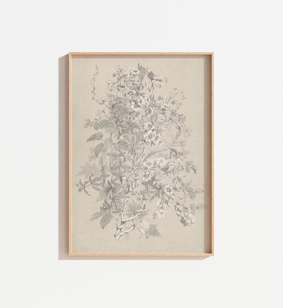 Vintage Muted Floral Art Print, Neutral Botanical Decor
