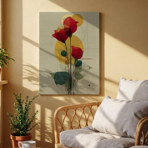 Red Rose Canvas Wall Art Modern Botanical Flower Design With Yellow Abstract Circles Romantic Floral For Bedroom Living Room Decor