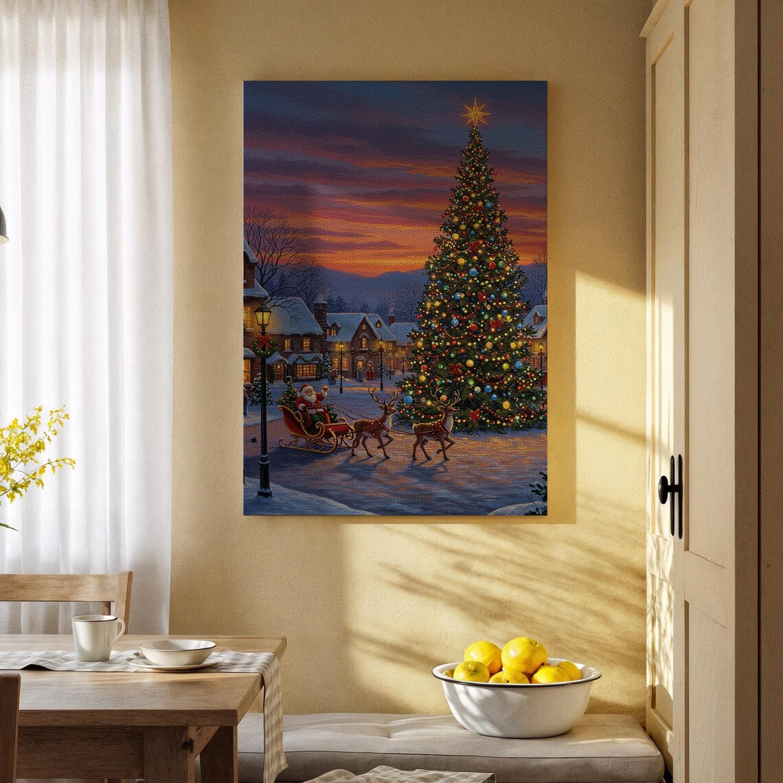Santa Claus Sleigh Reindeer Christmas Village Evening Holiday Poster