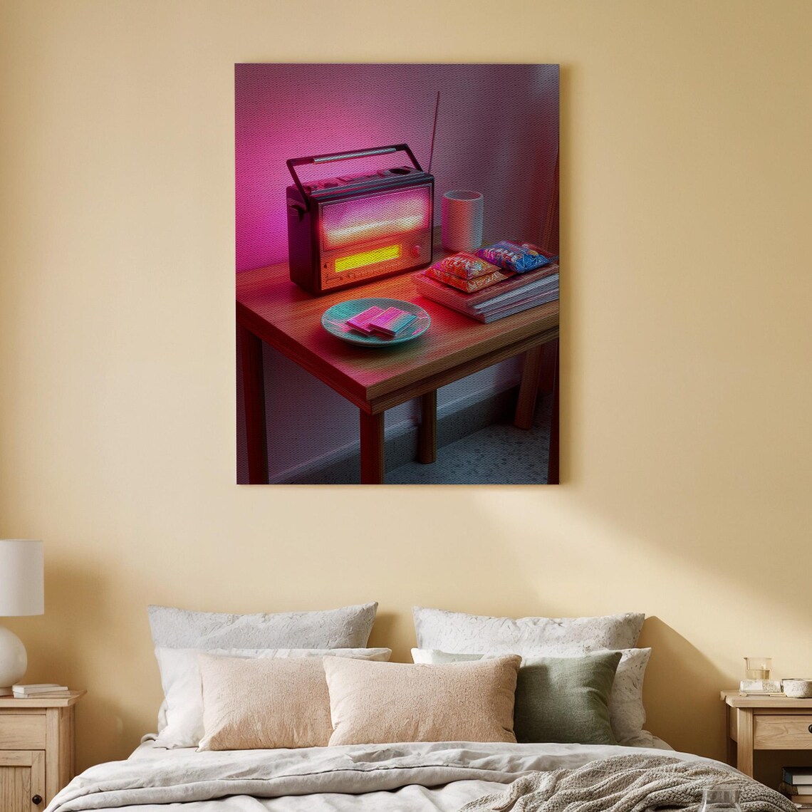 Glowing Retro Radio on Wooden Table Neon Pink Vintage Poster