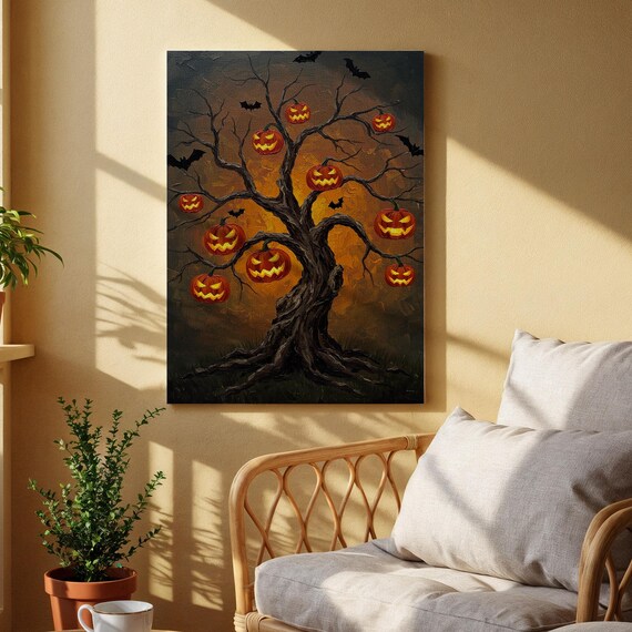 Pumpkin Tree Canvas Art Spooky Halloween Wall Print Haunted Autumn Decor For Living Room Entryway Or Seasonal Spaces