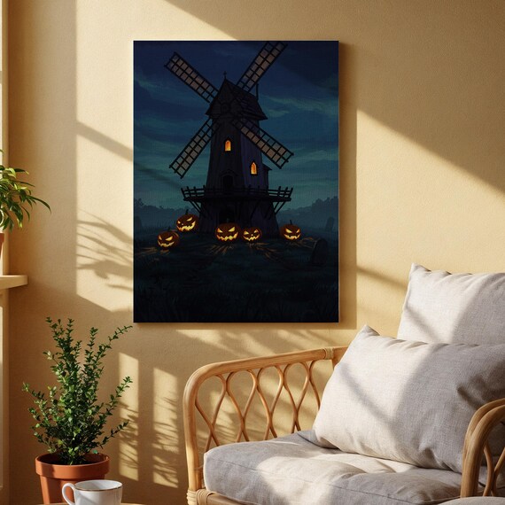 Haunted Windmill Halloween Canvas Art Spooky Jackolantern Night Scene Dark Fantasy Wall Print For Living Room Or Seasonal Home Decor