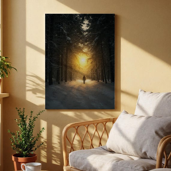 Winter Forest Sunset Canvas Art Snowy Path With Silhouette Of Walker Serene Nature Landscape For Living Room Bedroom Or Tranquil Spaces