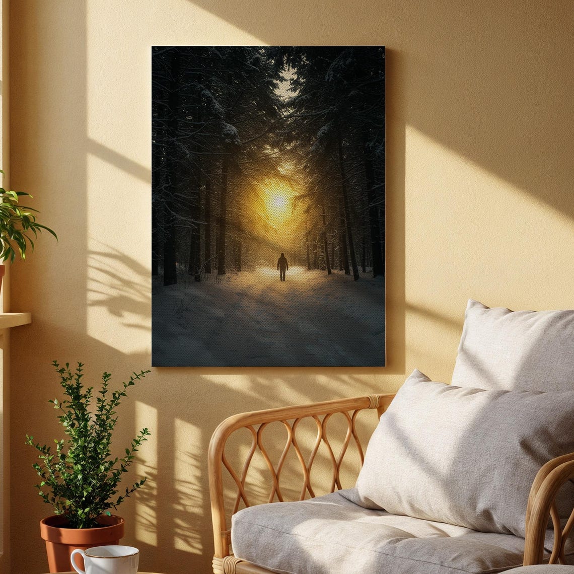 Winter Forest Sunset Path Lone Figure Snowy Trees Moody Art Poster