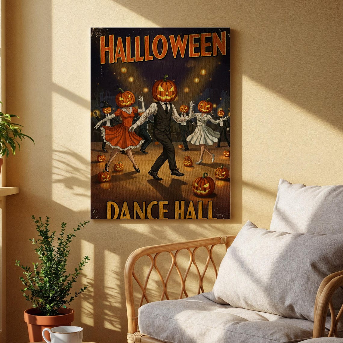 Halloween Dance Hall Vintage Pumpkin Head Dancers Retro Poster