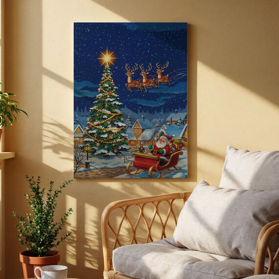 Santa Sleigh Three Reindeer Night Sky Christmas Tree Scene Poster
