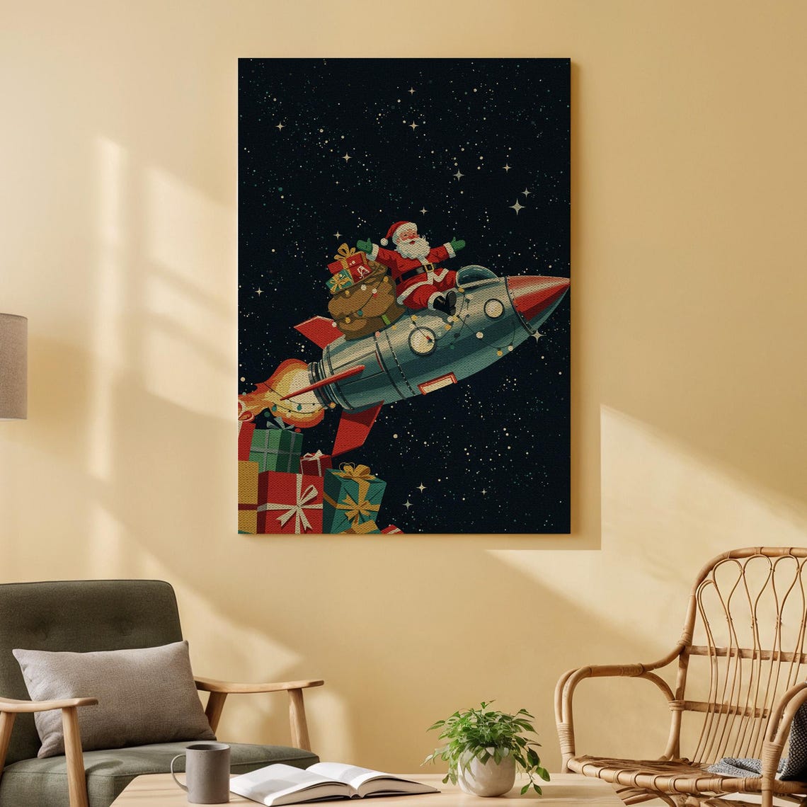 Santa Riding Retro Rocket Christmas Poster Gift Sack Starry Sky