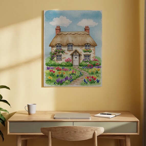 Thatched Cottage Garden Colorful Flowers Quaint Country Poster
