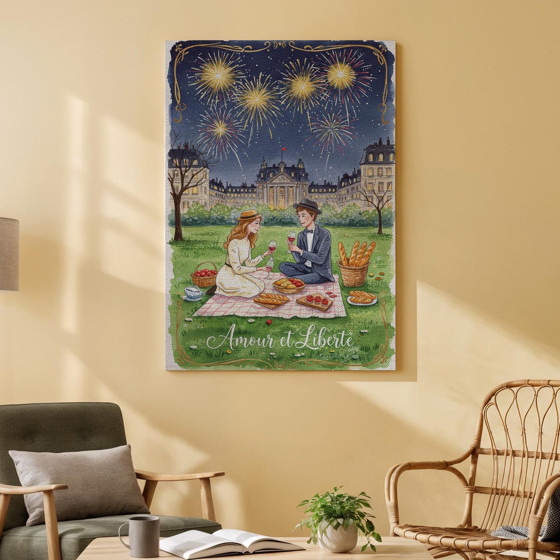 Amour et Liberte Paris Picnic Poster Fireworks Couple Wine Art