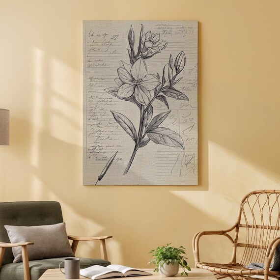 Black And White Floral Sketch On Vintage Script Background Poster