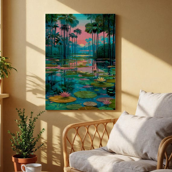 Tropical Pond Canvas Wall Art Vibrant Palm Tree Landscape Print Serene Water Lily Artwork For Living Room Bedroom Or Relaxing Space