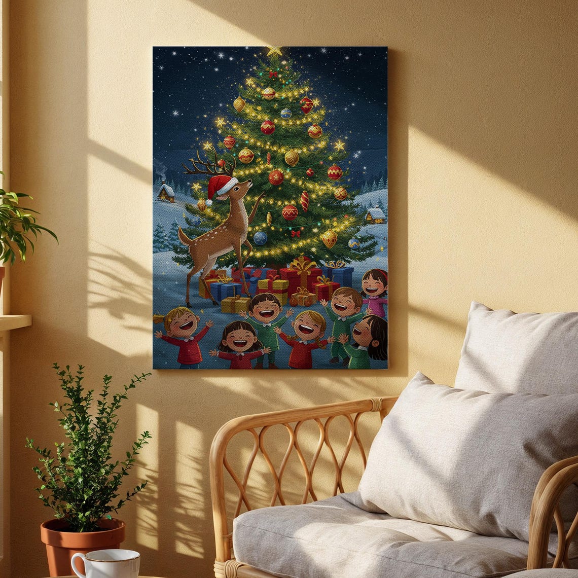 Joyful Kids Around Christmas Tree With Reindeer Festive Canvas Print